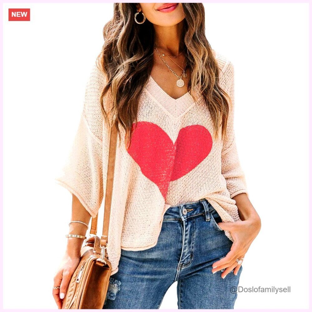 Cute Heart V-Neck Short Sleeve Sweater Lightweight Knit Casual Pullover Top
